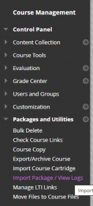 Course management menu. Control panel and Packages and Utilities is in bold white text. Import packages/ View Logs is in purple text.