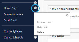 course menu showing sub menu to rename link, hide link, or delete
