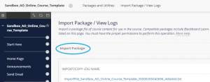 Import Package/ View logs menu. Import package button is circled